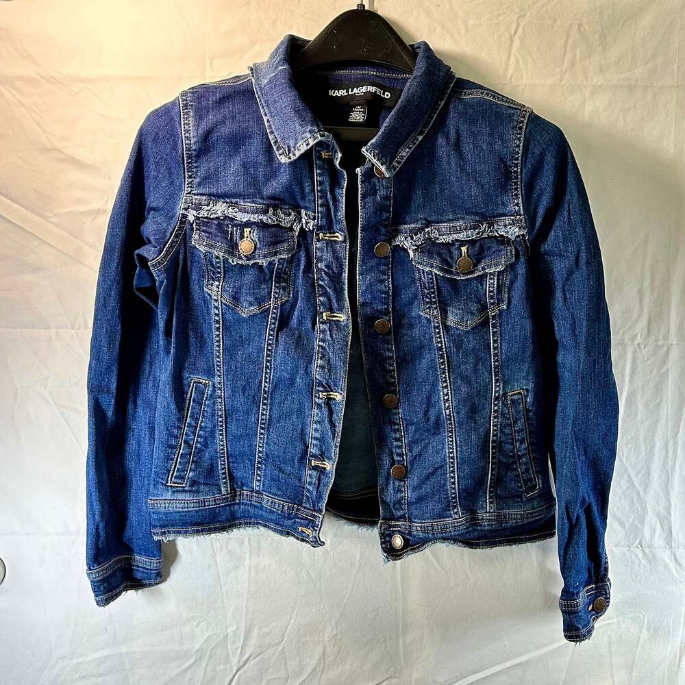 Women XS Frayed Denim Jacket Biker Casual, KARL LAGERFELD PARIS